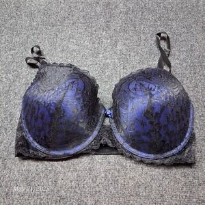 Frederick's of Hollywood Bra Women Size 34 E Blue With Black Lace Cover Lightly